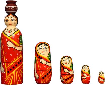 Ram24 Handmade Indian Wooden Matka Nesting Doll For Home Decor- Set of 5 (Red)