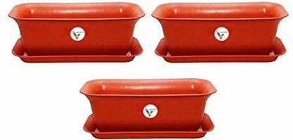VINSHRA Terracotta Rectangular Planter with Bottom Tray Set of 3 Plant Container Set