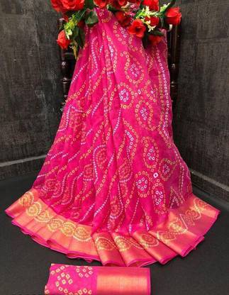 Printed Bandhani Cotton Linen Saree
