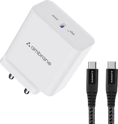 Ambrane 65W GaN All-in-One Charger combo, USB -C, compatible with All Phones, laptops, Gaming Devices (Type C to C Cable Included)