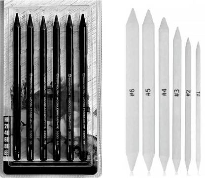 Craftwings COMBO Of 6 Woodless Charcoal Drawing & Sketching Pencils with 6 Blending Stumps Round Shaped Color Pencils