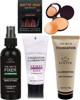 YVETTE FIXER SPRAY 100ml, PRIMER 50ml, FOUNDATION 60g, (RED Edition, 4 pcs.), COMPACT POWDER