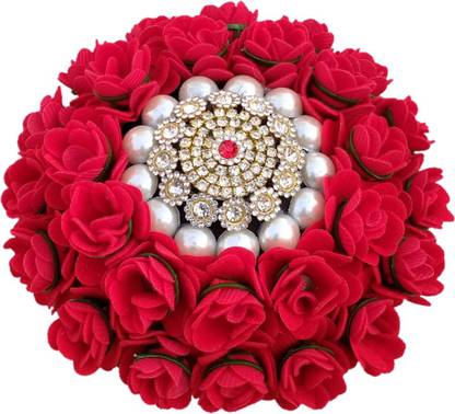 MX WOMEN HAIR STYLE Bridal Red Flower Juda Accessories For Festives Designer Stone Work Bun Bun