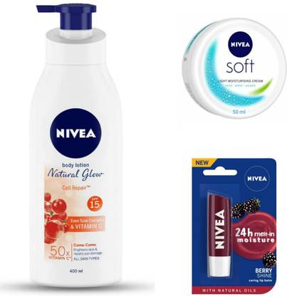 NIVEA NATURAL GLOW CELL REPAIR 400ML, SOFT CREAM 50ML,BERRY LIP BALM