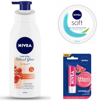 NIVEA NATURAL GLOW CELL REPAIR 400ML, SOFT CREAM 100ML,WATERMELON LIP BALM
