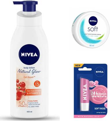 NIVEA NATURAL GLOW CELL REPAIR 400ML, SOFT CREAM 50ML,SOFT ROSE LIP BALM
