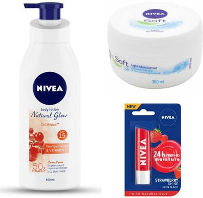NIVEA NATURAL GLOW CELL REPAIR 400 ML, SOFT CREAM 300 ML & STRAWBERRY LIP BALM
