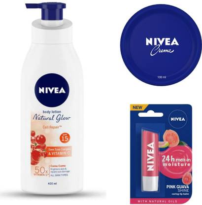 NIVEA NATURAL GLOW CELL REPAIR 400 ML, CREME 100 ML & PINK GUAVA LIP BALM
