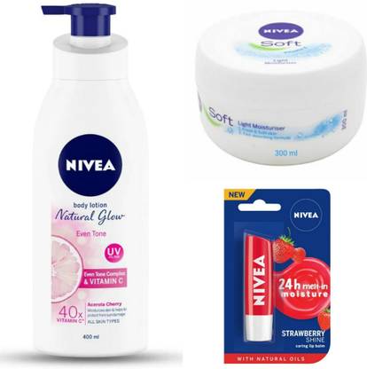 NIVEA NATURAL GLOW EVEN TONE 400 ML, SOFT CREAM 300 ML, STRAWBERRY LIP BALM