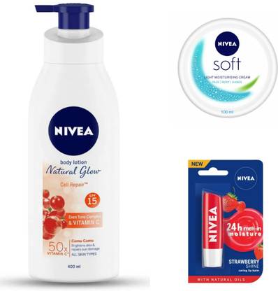 निविया NATURAL GLOW CELL REPAIR 400ML, SOFT CREAM 100ML,STRAWBERRY LIP BALM
