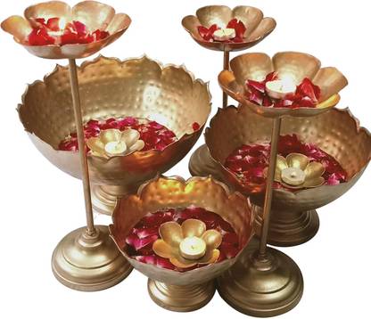 Dsh Taj Bowl Urli Candle Stand with Floating Diya for Home Decor Show Piece Brass Decorative Platter