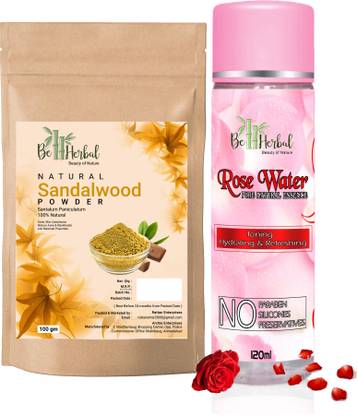 BE HERBAL Sandalwood powder 100gm+Rose water 120ml combo Face & Skin Glow &100% Natural