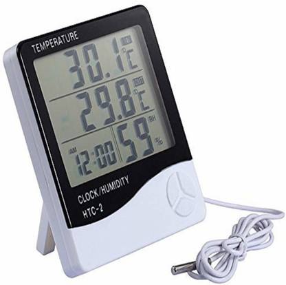 Divinext Multifunctional HTC-2 Hygrometer Digital LCD Humidity Meter Thermohygro HTC 2 Indoor Outdoor Humidity Tester Weather Station with Max/Min Memory + C°/F° Key + Temperature + Data Store + Time Function + Alarm Clock + Calendar + Relative Humidity Room Wall Thermometer with External Wired Probe Sensor Built-in Detector Electronic Temperature Gauge HTC2 Digital Pin-Type Digital Moisture Measurer