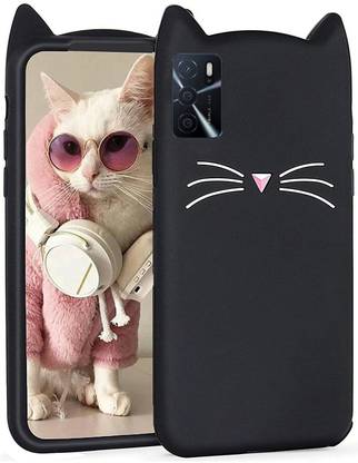 Addindia Back Cover for Oppo A16 Black Cute Cat Kitty Design Soft Silicone Cover For Oppo A16