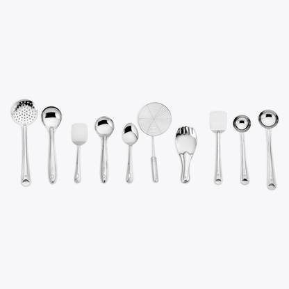 Parage 10 Pieces, Silver (Contains: Ladles, Turners, Strainer, Rice Spoon, Oval Spoon, Serving Spoon) Kitchen Tool Set