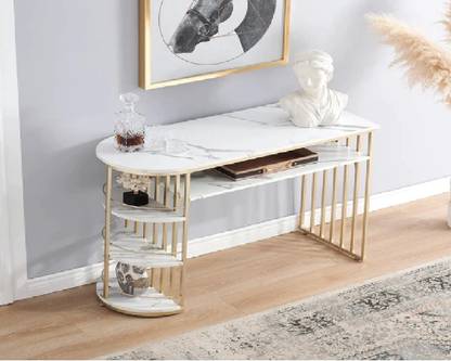 Lakdi - The Furniture Co. Marble Top Console Table with Metal Base for Home and Hotels - Gold Metal Console Table