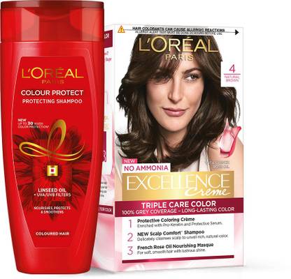 L'Oréal Paris Excellence Creme Hair Color, Shade 4 - Dark Brown, 100 g + 72 ml + Colour Protect Shampoo, 192.5 ml
