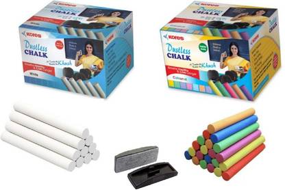 Kores Dustless Chalks with 1 Duster (WHITE - 50 pcs + COLOR - 50 pcs + 1 DUSTER) Blackboard Skin Friendly Multicolor Dustless Chalks