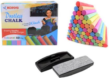 Kores Colourful Dustless Chalks with Duster ( Pack of 1, 50 sticks with 1 Duster) Blackboard Multicolor Dustless Chalks & Duster