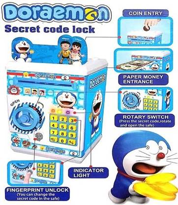 ASenterprises FINGERPRINT UNLOCK Operated Mini ATM Safe Bank with Cash Deposit Doremon for Kid Coin Bank