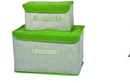 Crownsy Set of 2 Storage Basket Bins Non-Woven Wardrobe Closet Organizer Foldable Drawer Rectangular Stackable Box/Bins with Lid & Handle (Green)