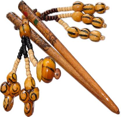 SENECIO® 2Pc Set Ethnic Print With Tassel Wooden Handmade Retro Hair Stick For Juda & Bun Stick