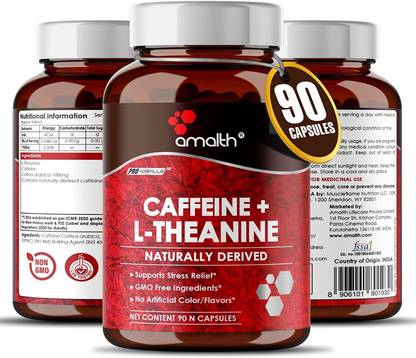 AMALTH Caffeine Plus L-Theanine Amino Acid - 195 mg - Natural Stimulant,