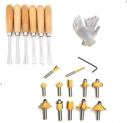 metrotools 12PCS 6.35 MM ROUTER BITS SET CARBIDE WOODWORKING CUTTERS ROTARY TOOL KIT 6PCS WOOD CARVING CHISEL WOOD CARVING TOOL 1 PAIR HAND GOLVES