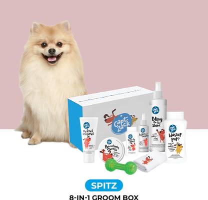 Captain Zack The Spitz Groom Box – Ultimate 8-in-1, Head-to-Paw Groom-Kit for Your Dog- (Shampoo +Conditioner +Dry Shampoo +Paw Butter +Toy +Towel)- pH Neutral and Paraben Free Pet Spa Kit