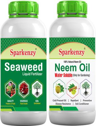 SparKenzy Pure Seaweed Extract + Neem oil Organic and Water Soluble (100ml+100ml) Fertilizer, Potting Mixture