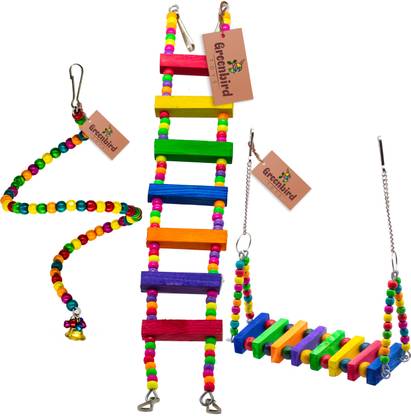 GREENBIRDS Combo Of 3 Bird Toys Spiral Hanging, Wooden Swing & Ladder For Bird & Parrot Wooden Chew Toy, Training Aid, Perch For Bird