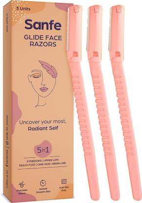 Sanfe Glide Face Razor for painfree facial hair removal (3 units) - upper lips, chin, peach fuzz - Stainless steel blade, comfortable, firm grip, Women
