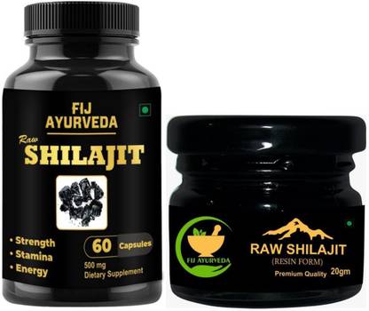 FIJ AYURVEDA Raw Shilajit Extract 60 Capsules with Raw Shilajit Resin - 20Gm (Combo Pack)