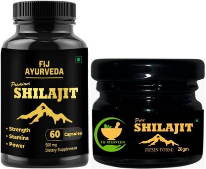 FIJ AYURVEDA Premium Shilajit Extract 60 Capsule with Pure Shilajit Resin - 20Gm (Combo Pack)