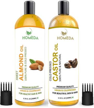 Homeda Cold Pressed Castor Oil & Almond Oil combo for Hair, Skin, Nail, Baby Massage Hair Oil