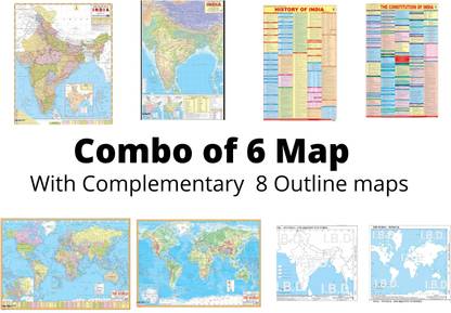 Pack of 6 ENGLISH (MAPS/CHARTS) India & World Map (Political & Physical), History of India Chart, Constitution of India Chart (Ideal Map/Chart For UPSC, SSC and Other Exams. Paper Printed) with complimentary 8 outline map for practice. Paper Print