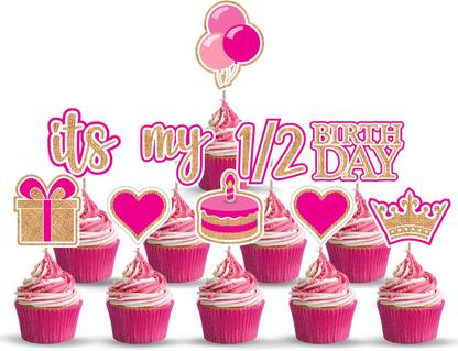 ZYOZI 10 Pieces 6 Months Cupcake Topper For Baby Girl,1/2 Half Year Birthday Food Pick Cupcake Topper