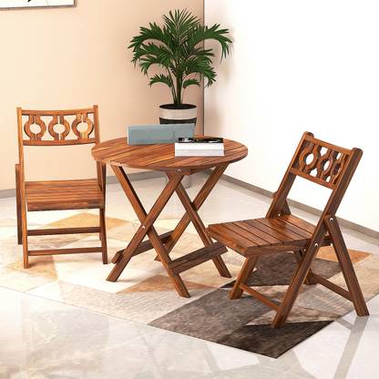 FLIPWOOD Folding Chairs of 2 Set with Round Folding Table for Garden Balcony Cafe Use Solid Wood 2 Seater Dining Set