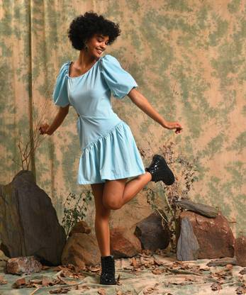 CAMPUS SUTRA Women Fit and Flare Light Blue Midi/Calf Length Dress