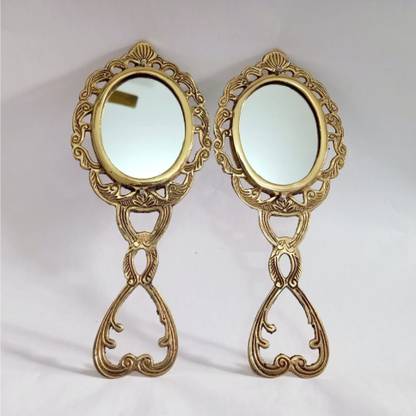 Kashaf Snow White Hand Mirror With Brass Frame Combo Decorative Showpiece  -  23 cm