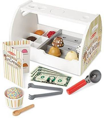 MELISSA & DOUG Wooden Scoop and Serve Ice Cream Counter (28 pcs) - Play Food and Accessories