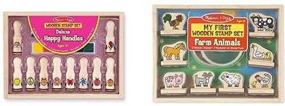 MELISSA & DOUG Deluxe Happy Handle Stamp Set & First Wooden Stamp Set – Farm Animals