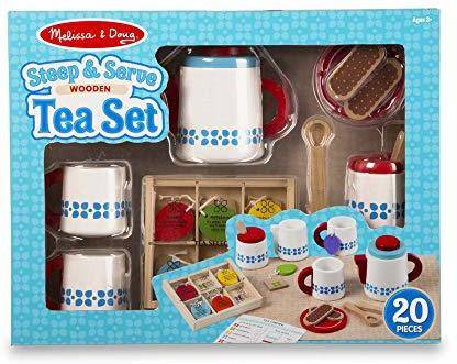 MELISSA & DOUG 20-Piece Steep and Serve Wooden Tea Set - Play Food and Kitchen Accessories