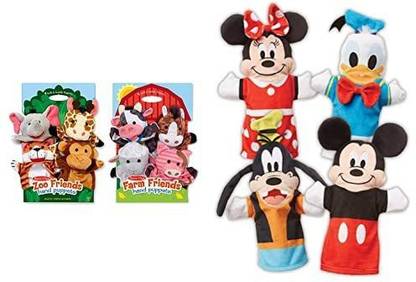 MELISSA & DOUG Hand Puppet Bundle - Farm & Zoo Friends & Mickey Mouse & Friends Soft & Cuddly H