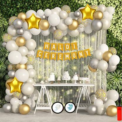 Hemito Haldi Ceremony Banner Gold Silver White Balloons White BackDrop with LED