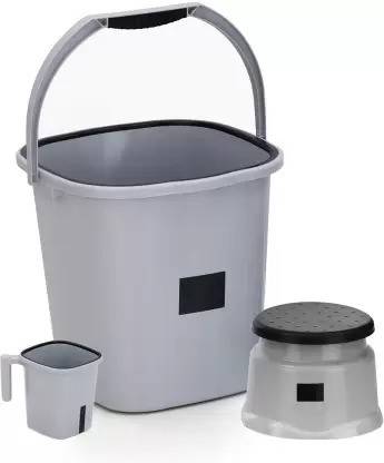 YASHODEEP PLASTIC New Standard Virgin Plastic Square Bucket (18 L) & Stool & Mug (1.5 L) ( Grey ) 18 L Plastic Bucket