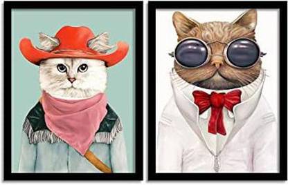 Anilmal Theme Cat and Dog Poster Set of 2 with Frame for Kids Room 3D Poster