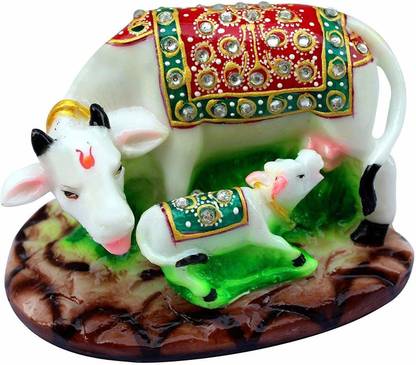Rudram Arts Stone Kamdhenu Cow Calf Statue Decorative Showpiece  -  8 cm