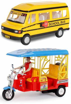 centy E Rickshaw And TMP School Bus - Pull Back Toy - (Pack of 2, Multicolor)