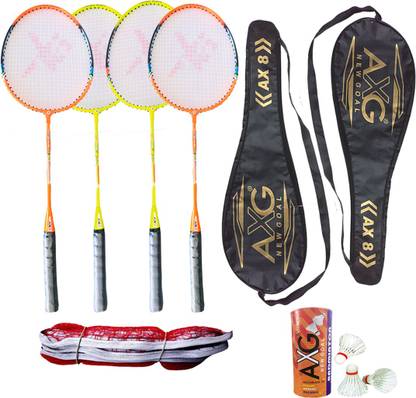AXG NEW GOAL Persistent Badminton Rackets Set of 4 With 3 Shuttles, Net and 2 Covers Badminton Kit